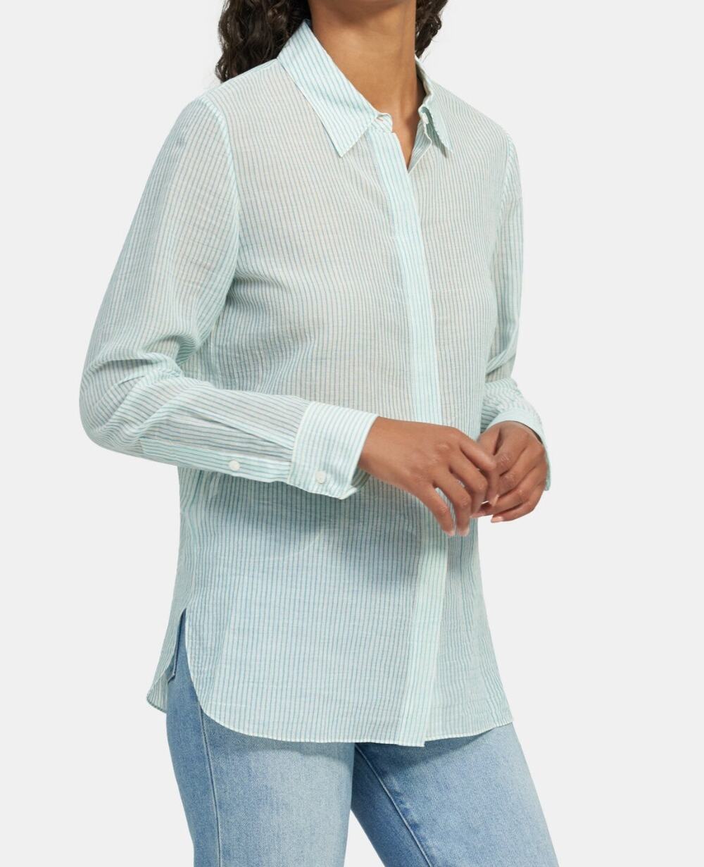 THEORY Green White Straight Shirt Organic Cotton Stripe Button-Up Long Sleeve S